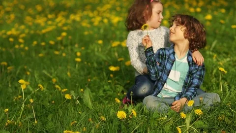 Happy children on the spring meadow Stock Footage 75343053