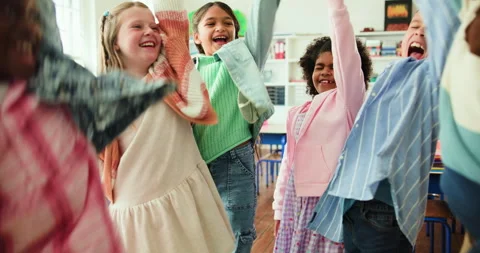 Happy children, students and unity with hands together in huddle for teamwork or Stock Footage 316146512