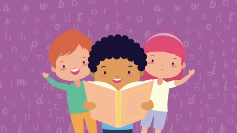 Happy children studying and reading books together in classroom animation. 스톡 동영상 339072894