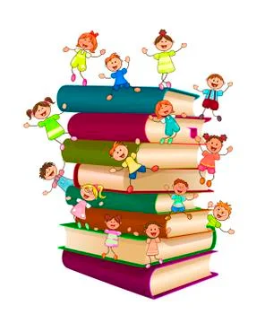 Happy children on top of a stack of books Stock Illustration