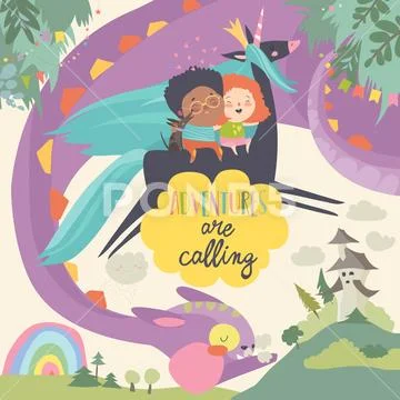 Happy children,dragon and unicorn. Adventures are calling Stock Illustration