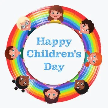 Happy Children's Day. Children of different nationalities embrace white paper Stock Illustration