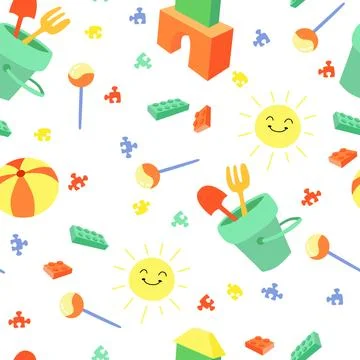 Happy childrens day pattern. Seamless ornament with happy toys colorful. Ha.. Stock Illustration