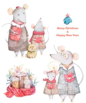 Happy chinese new year 2020 card with watercolor cute rat Family funny rats a Stock Illustration
