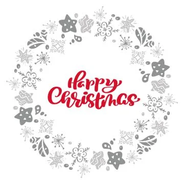 Happy Christmas Calligraphy vector text in wreath xmas elements star frame Stockillustratie
