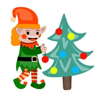 Happy Christmas elf decorating tree. Vector illustration Stock Illustration