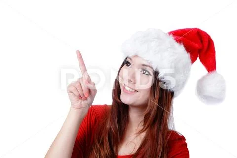 Happy Christmas girl smile introduce by finger Stock Photos