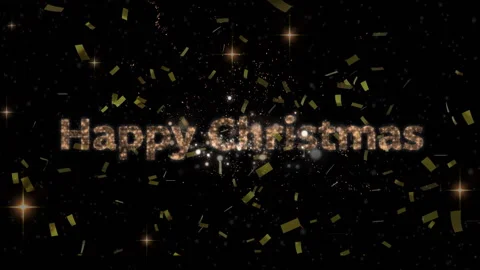 Happy Christmas text over firework exploding confetti falling against black Stock Footage 141238351
