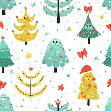 Happy Christmas trees seamless pattern. Funny background 스톡 일러스트