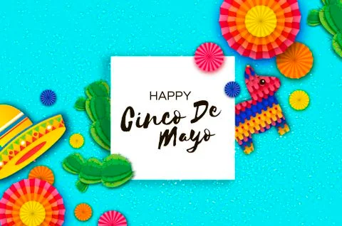 Happy Cinco de Mayo Greeting card. Colorful Paper Fan, Funny Pinata and Cactus Stock Illustration