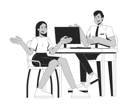 Happy client talking with financial advisor 2D line characters Stock Illustration