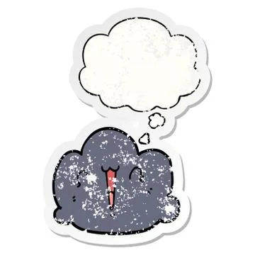 Happy cloud cartoon and thought bubble as a distressed worn sticker 스톡 일러스트