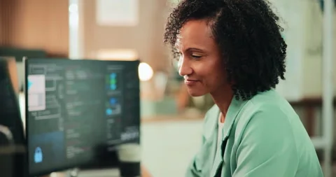 Happy, coder and woman with computer screen, office and plan for web Vídeos de archivo 330048371