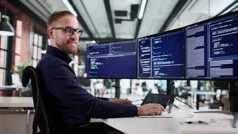 The Happy Coder: Man Working On Multiple Screens Stock Footage 321547440