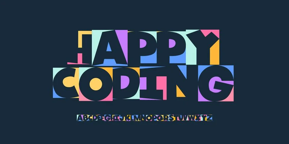 Happy Coding colorful playful font alphabet, cheerful geometric letters for kids Stockillustratie