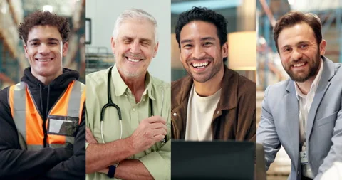 Happy, collage and face of men in workplace for healthcare, logistics and career Stock Footage 327251295