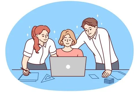 Happy colleagues brainstorm on computer 스톡 일러스트