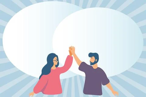 Happy Colleagues Illustration With Speech Bubble Giving High Fives To Each Other Stock Illustration