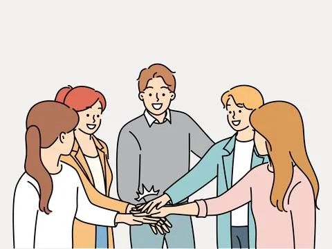 Happy colleagues stack hands involved in teambuilding Stock Illustration