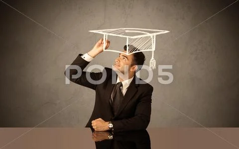 Happy college graduate drawing academic hat Stock Photos