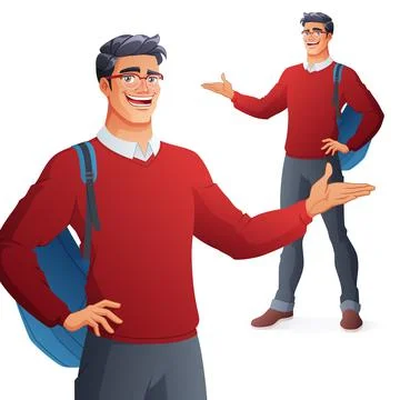 Happy college student in glasses presenting. Isolated vector illustration. Stock Illustration