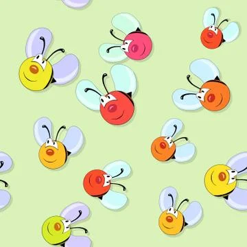 Happy colored bees seamless pattern on green Illustrazione stock