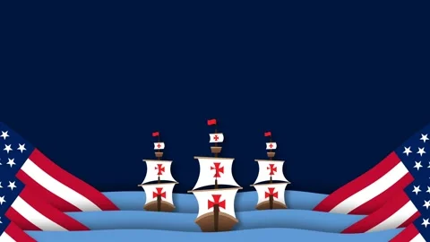 Happy Columbus Day Background Banner with Ships Sailing on Ocean Waves and .. Stock Footage 344725564