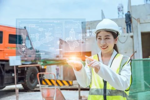 Happy construction engineer overlay infographic graph chart, Future informa.. Stock Photos