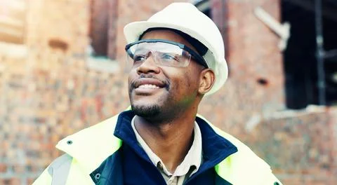 Happy, construction site and thinking with black man, engineering and urban.. Stock Photos