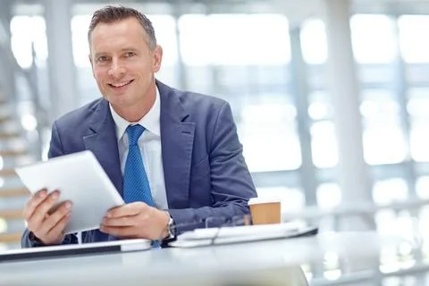 Happy, corporate or business man with tablet for invest strategy, finance growth Stock Photos
