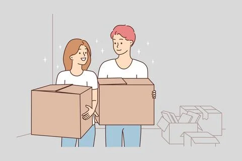 Happy couple with boxes relocating Stock Illustration