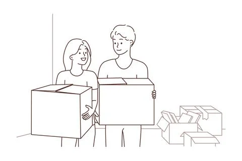 Happy couple with boxes relocating Stock Illustration