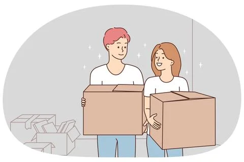 Happy couple with boxes relocating Illustrazione stock