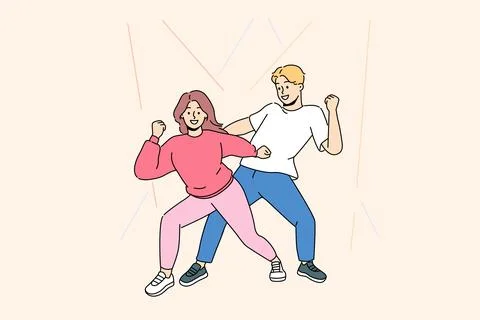 Happy couple in bright clothes dancing together Stock Illustration