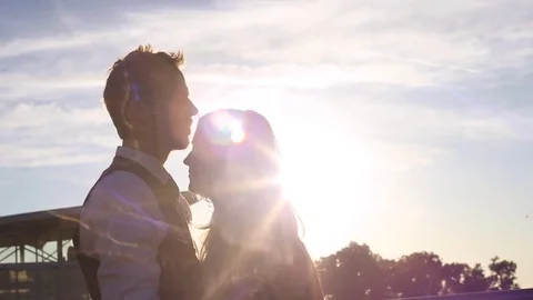 Happy couple. cloudy sky. Sun sky. Video stock 72400717