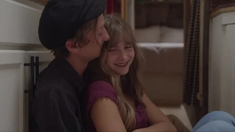 Happy Couple Cuddling In Their Tiny Home Video stock 219568074