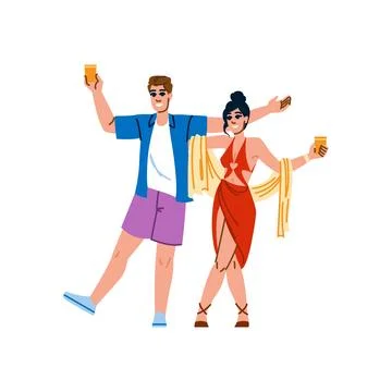 Happy couple dancing and drinking cocktails at beach party Ilustração Stock