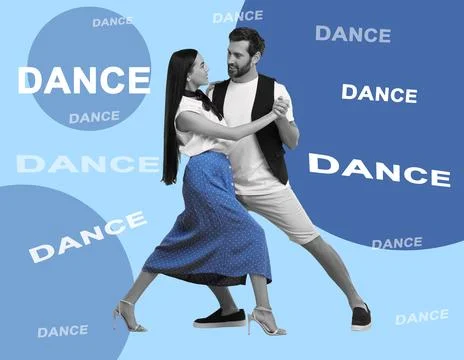 Happy couple dancing on bright background. Creative collage with stylish ma.. Foto stock