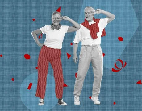Happy couple dancing on bright background. Creative collage with stylish ma.. Foto stock