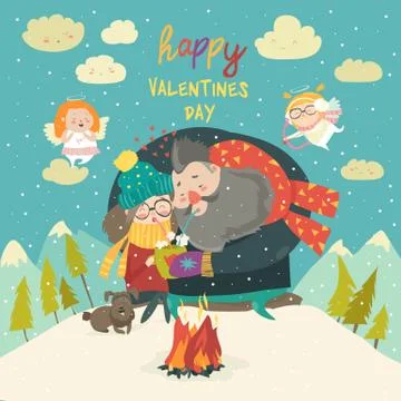 Happy couple on a date. Winter time Creative characters in love Stock Illustration