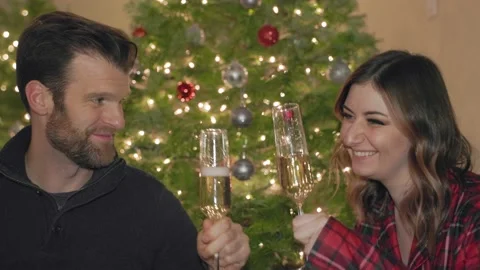 Happy couple drinking champagne in front of Christmas tree, holiday season Stock Footage 230202971