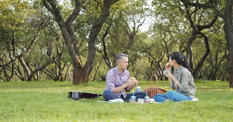 Happy couple drinking hot tea from a thermos and eating croissants on a picnic Stock Footage 140425732