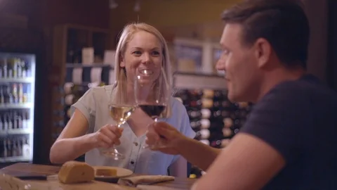 Happy Couple Drinking Wine on Date 7 Stock Footage 92547310