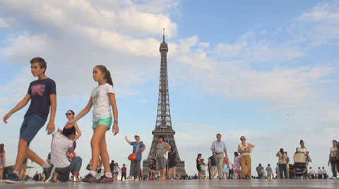 Happy couple enjoy Eiffel Tower tour view Trocadero blue sky day Paris tourist  Stock Footage 34859822