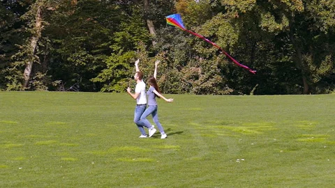 Happy couple flying a kite. Slow motion. Stock Footage 101692427