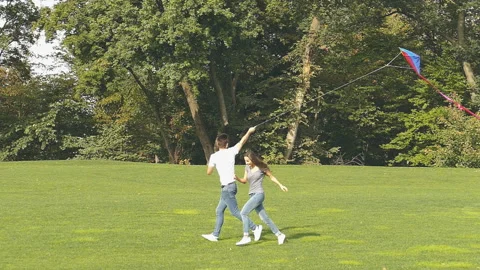 Happy couple flying a kite. Slow motion. Stock Footage 101692492