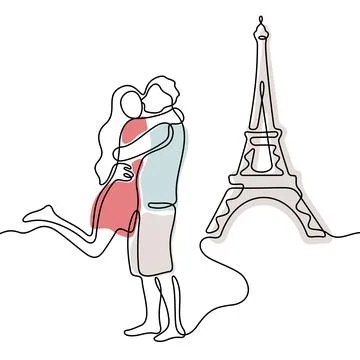 Happy couple in front of the Eiffel Tower Stock Illustration