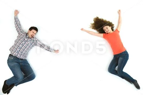 The happy couple gesture on the white background. View from above Stock Photos