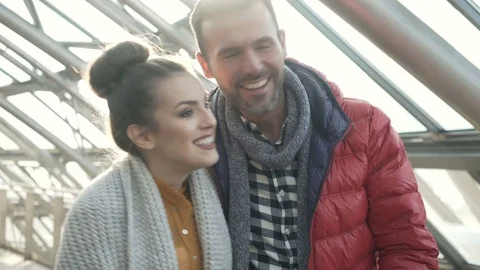 Happy couple having fun walking together in the city Stock Footage 70808327