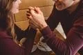 The happy couple holding hands in the restaurant Photo